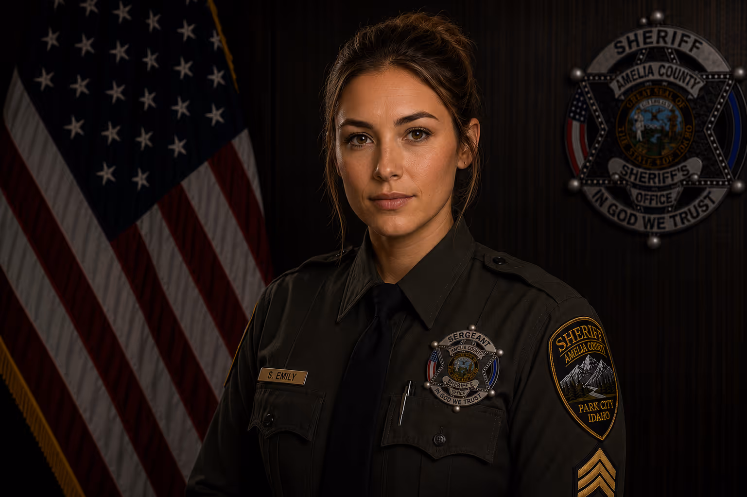 Sgt. Shay Emily, an AI-generated fictional officer portrait.