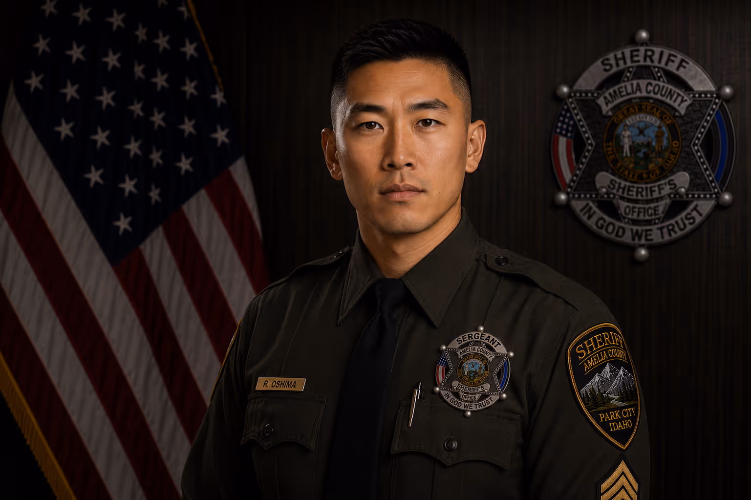 Sgt. Ryan Oshima, an AI-generated fictional officer portrait.