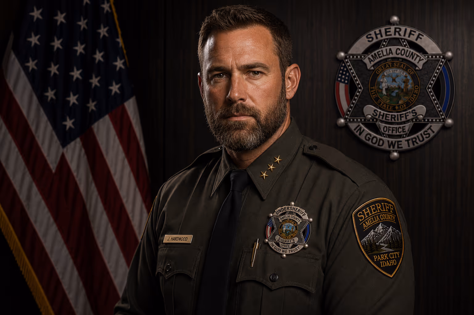 Undersheriff Jason Hardwood, an AI-generated fictional officer portrait.
